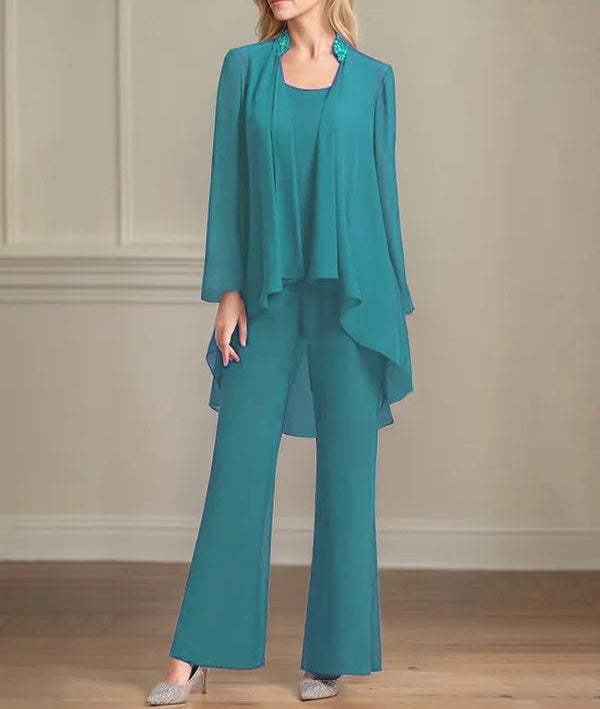 Chiffon Scoop Neck Long Sleeves Floor Length Mother Of The Bride Pantsuits
