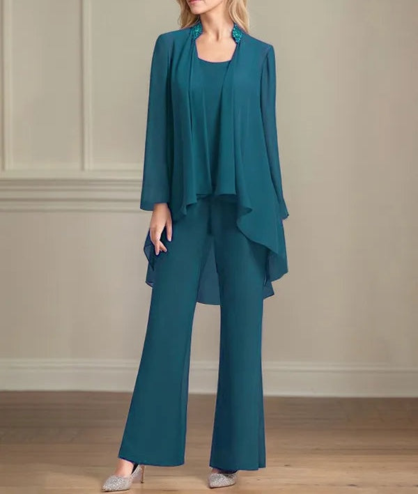 Chiffon Scoop Neck Long Sleeves Floor Length Mother Of The Bride Pantsuits
