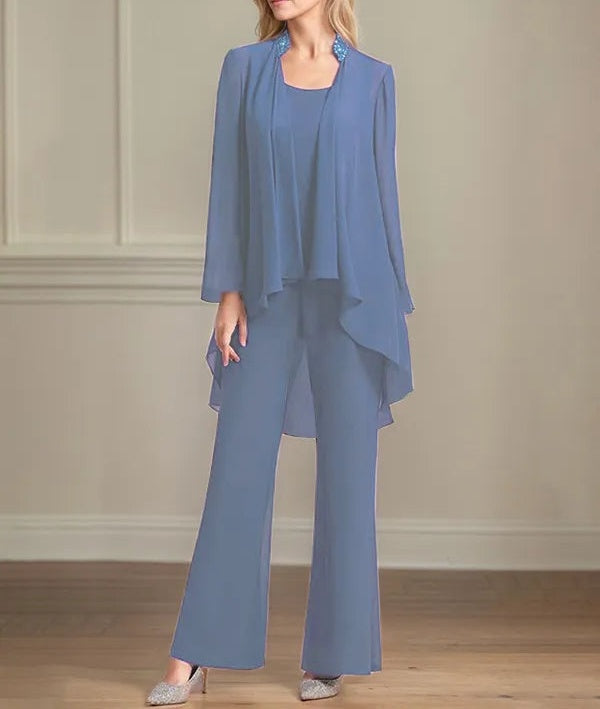Chiffon Scoop Neck Long Sleeves Floor Length Mother Of The Bride Pantsuits