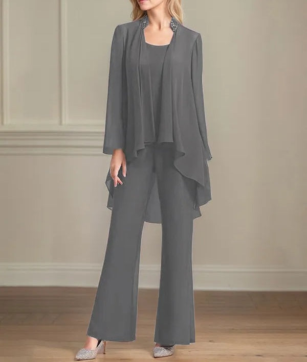 Chiffon Scoop Neck Long Sleeves Floor Length Mother Of The Bride Pantsuits