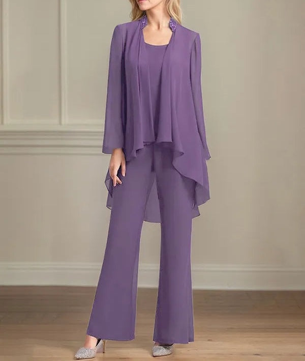 Chiffon Scoop Neck Long Sleeves Floor Length Mother Of The Bride Pantsuits