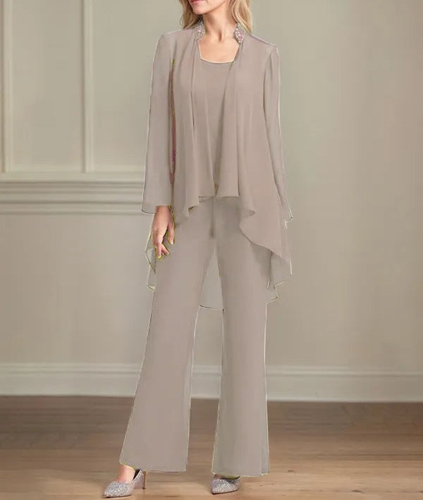 Chiffon Scoop Neck Long Sleeves Floor Length Mother Of The Bride Pantsuits