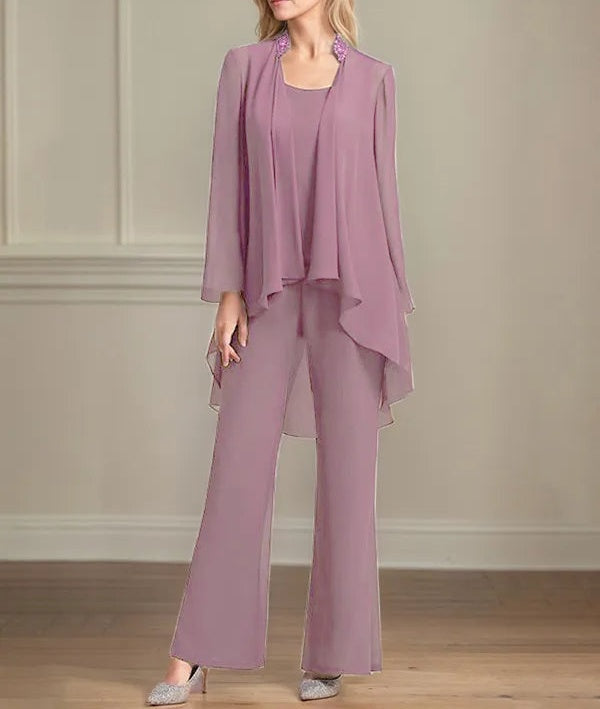 Chiffon Scoop Neck Long Sleeves Floor Length Mother Of The Bride Pantsuits