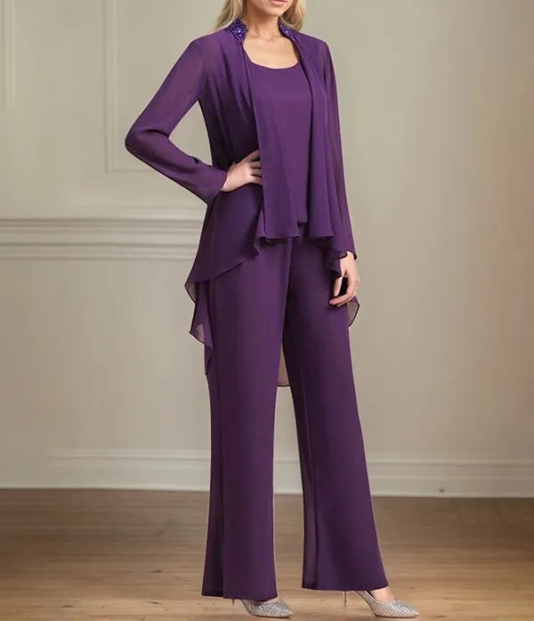 Chiffon Scoop Neck Long Sleeves Floor Length Mother Of The Bride Pantsuits