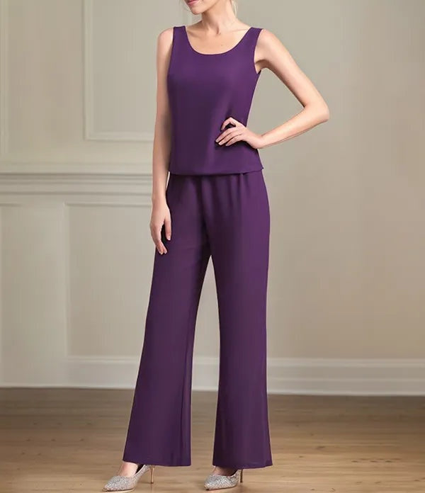 Chiffon Scoop Neck Long Sleeves Floor Length Mother Of The Bride Pantsuits