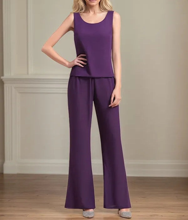 Chiffon Scoop Neck Long Sleeves Floor Length Mother Of The Bride Pantsuits