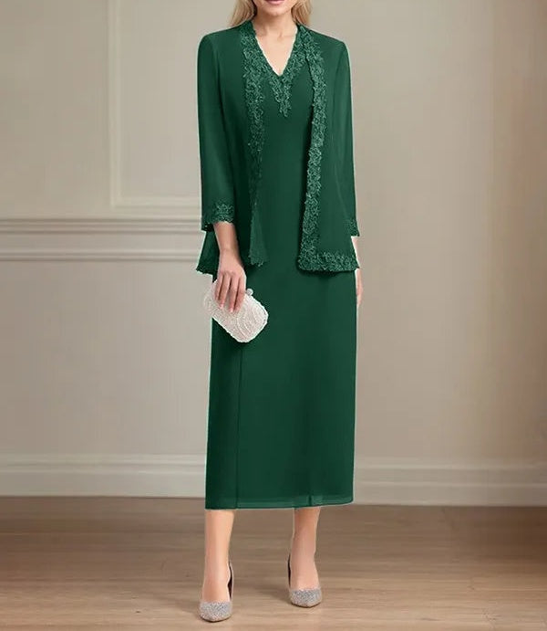 Sheath/Column Chiffon V Neck 3/4 Sleeves Tea Length Mother Of The Bride Dress