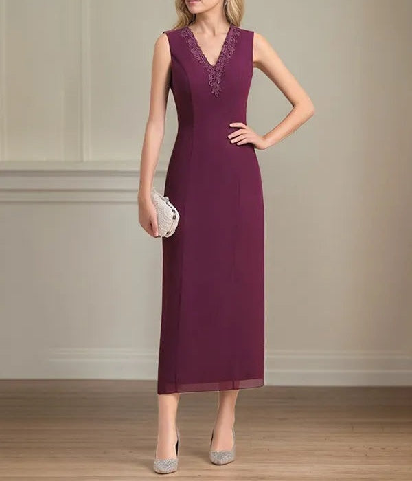 Sheath/Column Chiffon V Neck 3/4 Sleeves Tea Length Mother Of The Bride Dress