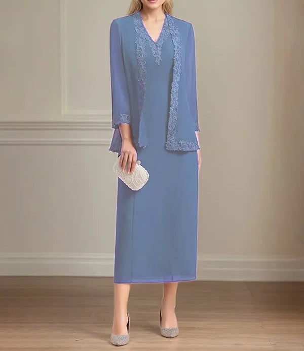 Sheath/Column Chiffon V Neck 3/4 Sleeves Tea Length Mother Of The Bride Dress