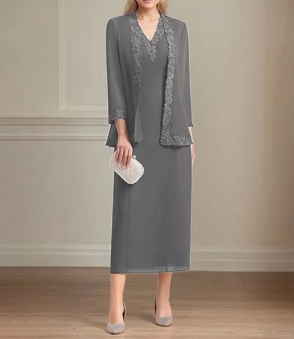 Sheath/Column Chiffon V Neck 3/4 Sleeves Tea Length Mother Of The Bride Dress