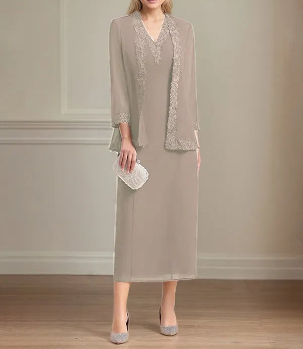 Sheath/Column Chiffon V Neck 3/4 Sleeves Tea Length Mother Of The Bride Dress
