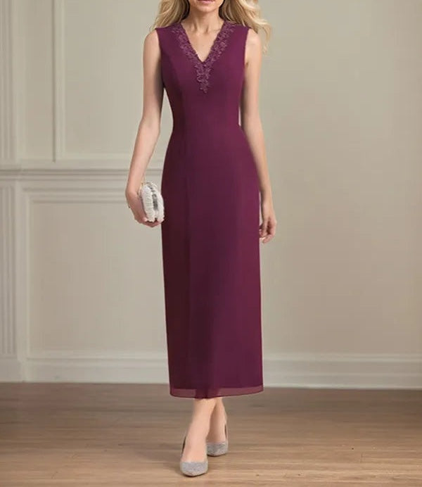 Sheath/Column Chiffon V Neck 3/4 Sleeves Tea Length Mother Of The Bride Dress