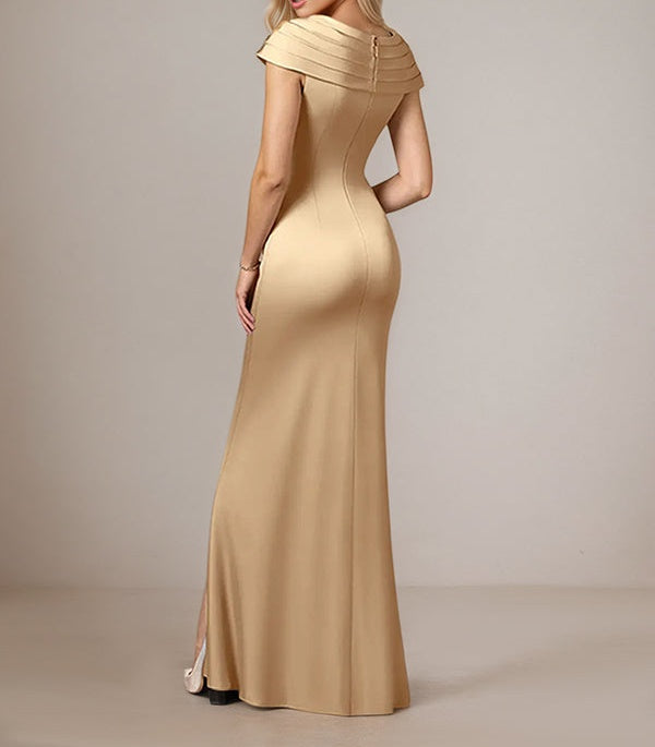 Champagne A-Line Satin V Neck Asymmetrical Mother of the Bride Dress