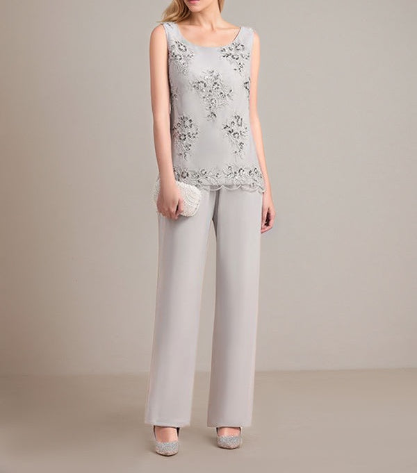 Elegant Sleeveless Appliques Silver Chiffon Mother of Bride Jumpsuit with Wrap
