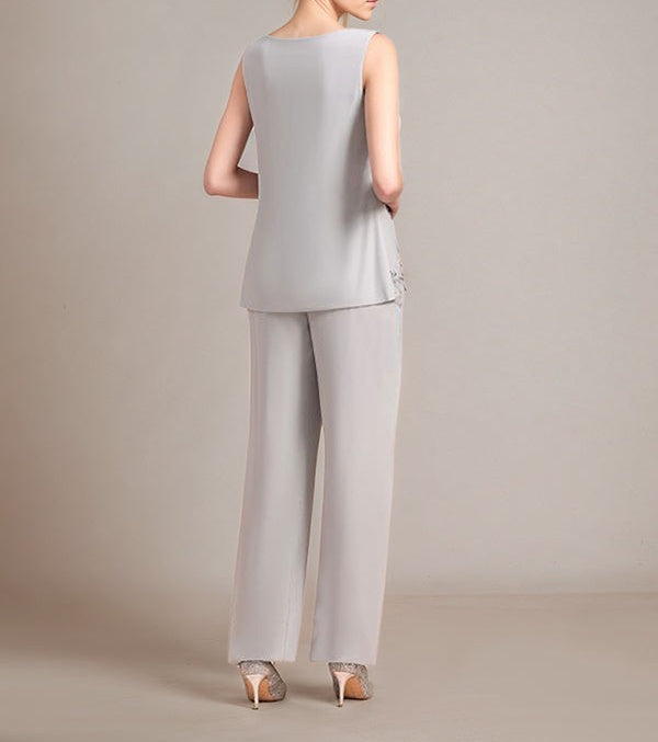 Elegant Sleeveless Appliques Silver Chiffon Mother of Bride Jumpsuit with Wrap