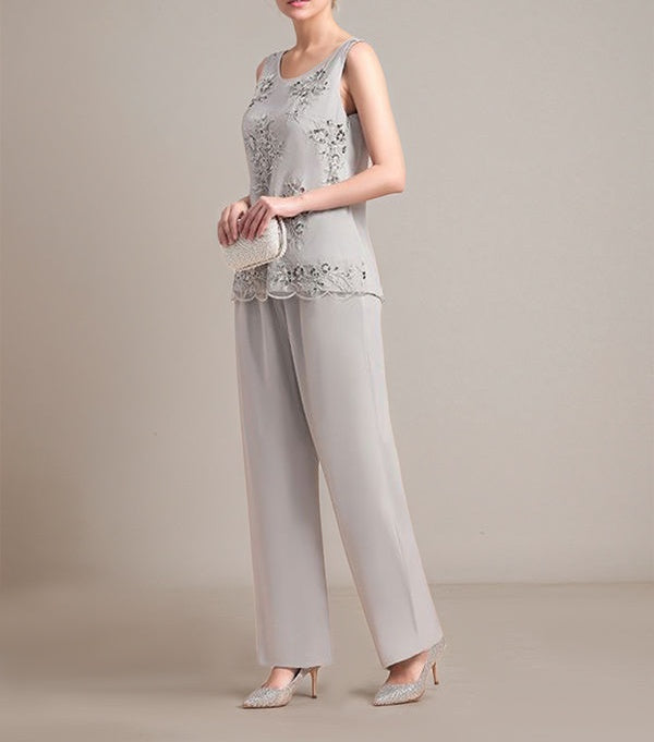 Elegant Sleeveless Appliques Silver Chiffon Mother of Bride Jumpsuit with Wrap