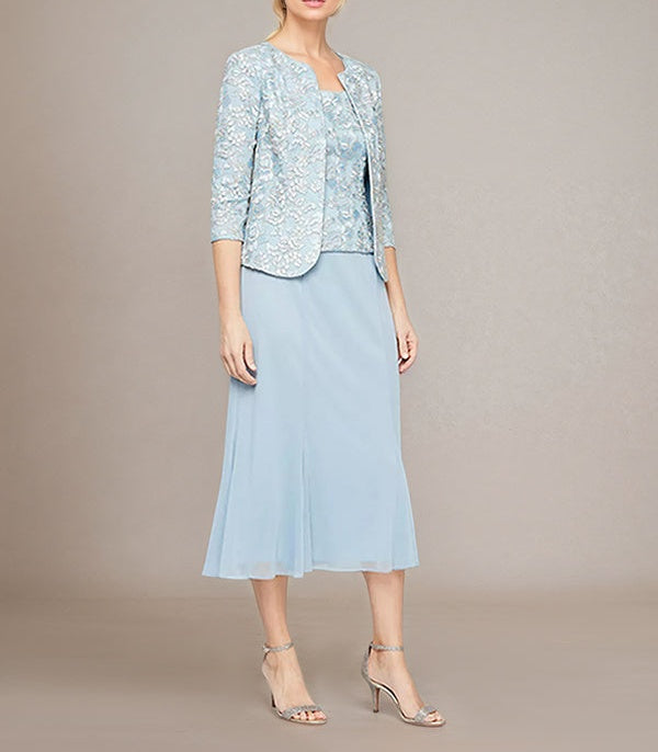 Sheath/Column Chiffon Square Neck Sleeveless Tea Length Mother of the Bride Dress