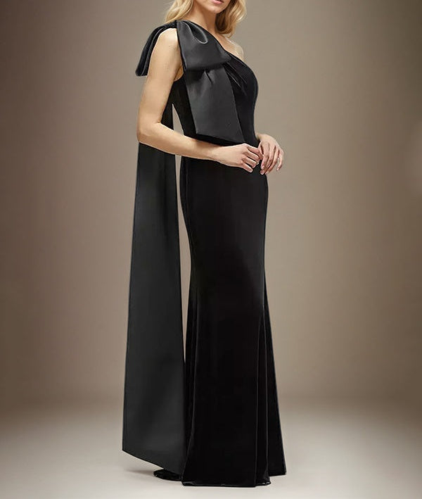 Stretch Crepe Sheath/Column One Shoulder Sleeveless Floor Length Dress With Bow