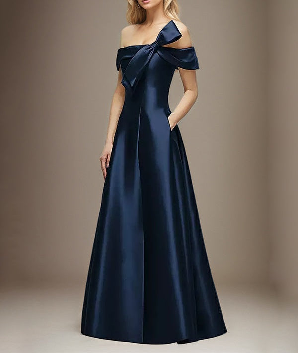 Navy Blue Satin A Line Off the Shoulder Floor Length Dress With Bow