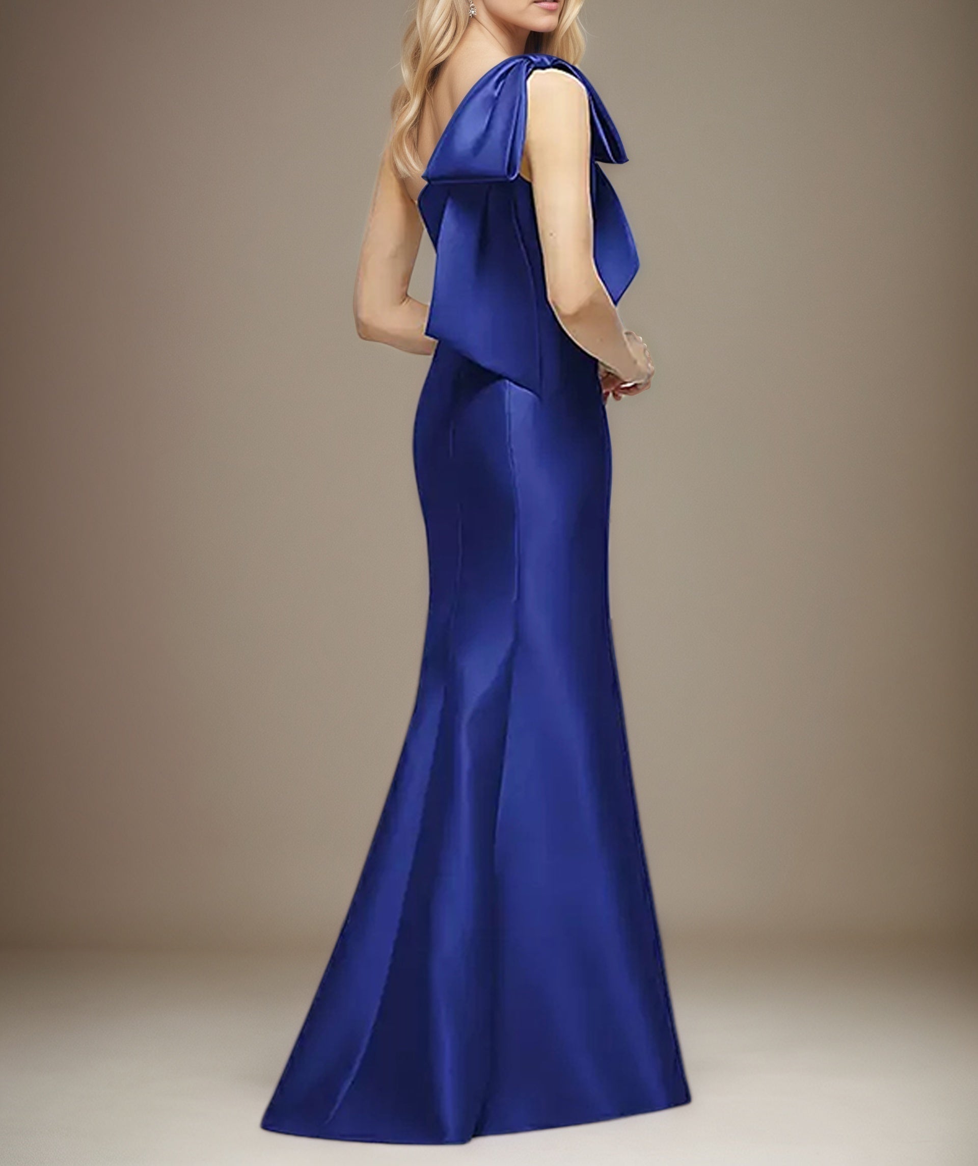 Royal Blue Satin One Shoulder Floor Length Dress With Bow