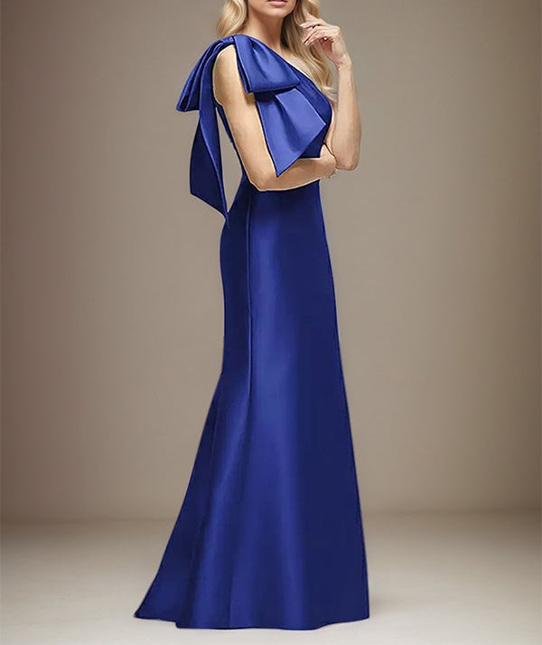 Royal Blue Satin One Shoulder Floor Length Dress With Bow