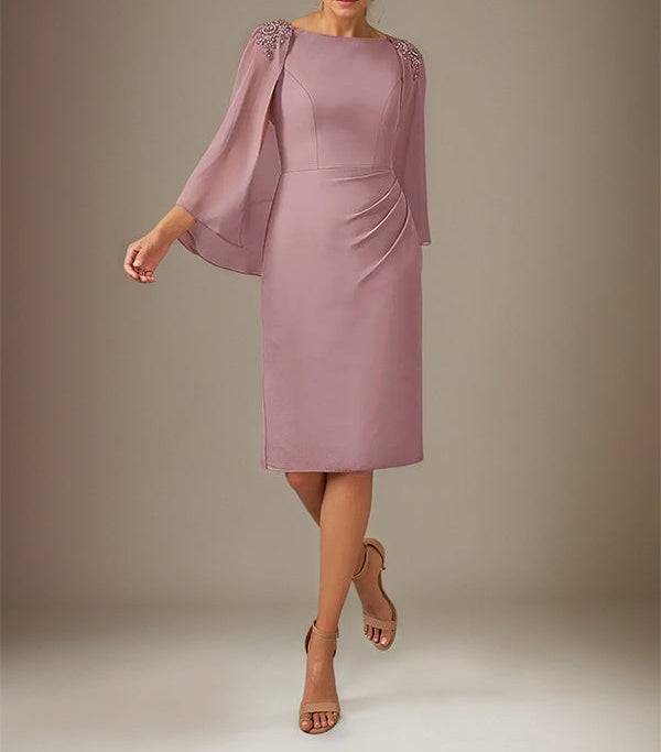 Mauve Sheath/Column Chiffon Bateau Neck Cape Sleeves Knee Length Dress