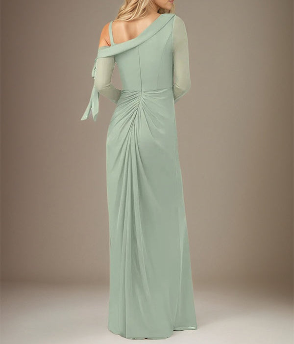 Sage Sheath/Column Chiffon One Shoulder Long Sleeves Floor Length Dress With Slit