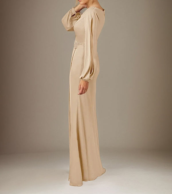 Champagne A Line Chiffon Round Neck Long Sleeves Floor Length Dress