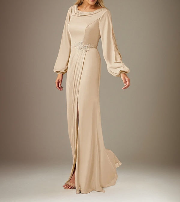 Champagne A Line Chiffon Round Neck Long Sleeves Floor Length Dress