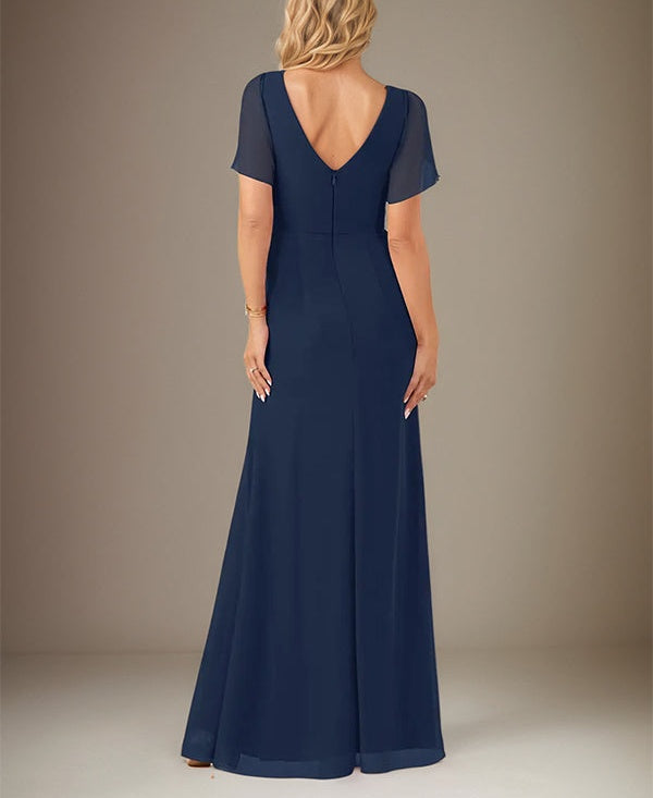 Dark Navy Sheath/Column Chiffon V Neck Short Sleeve Floor Length Dress