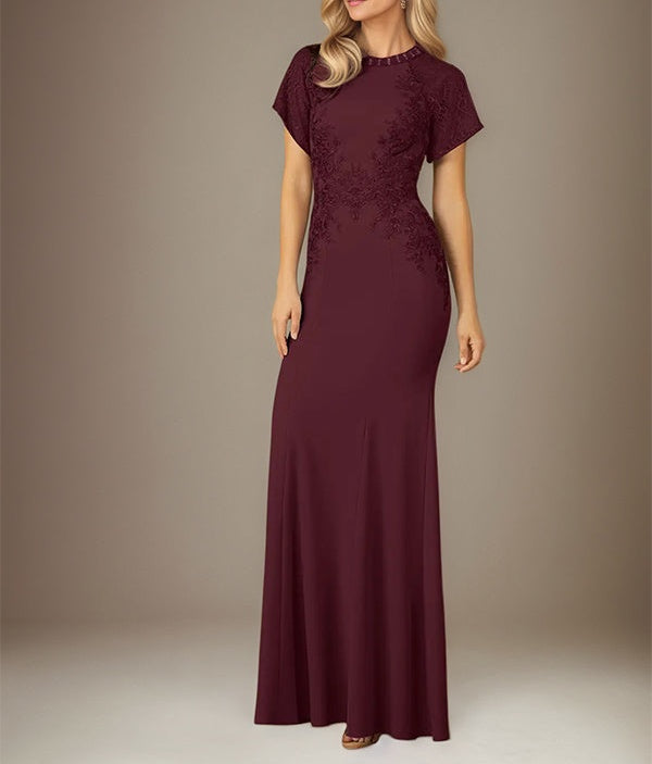 Cabernet Trumpet/Mermaid Stretch Crepe Scoop Neck Flutter Sleeve Floor Length Dress