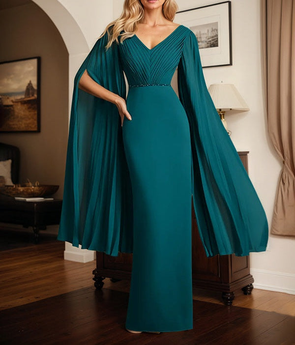 Peacock Chiffon V Neck Cape Sleeves Floor Length Dress With Pleated