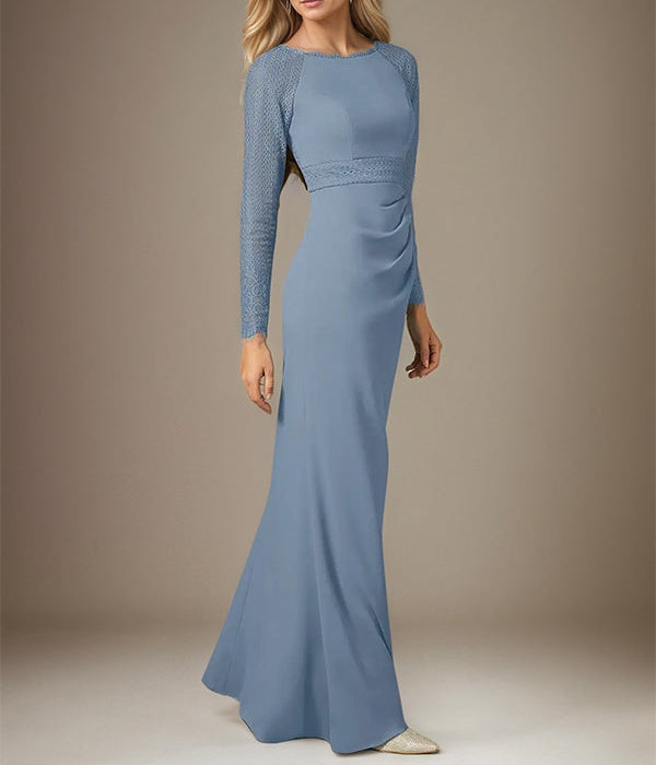 Dusty Blue Stretch Crepe Boat Neck Long Sleeves Floor Length Dress