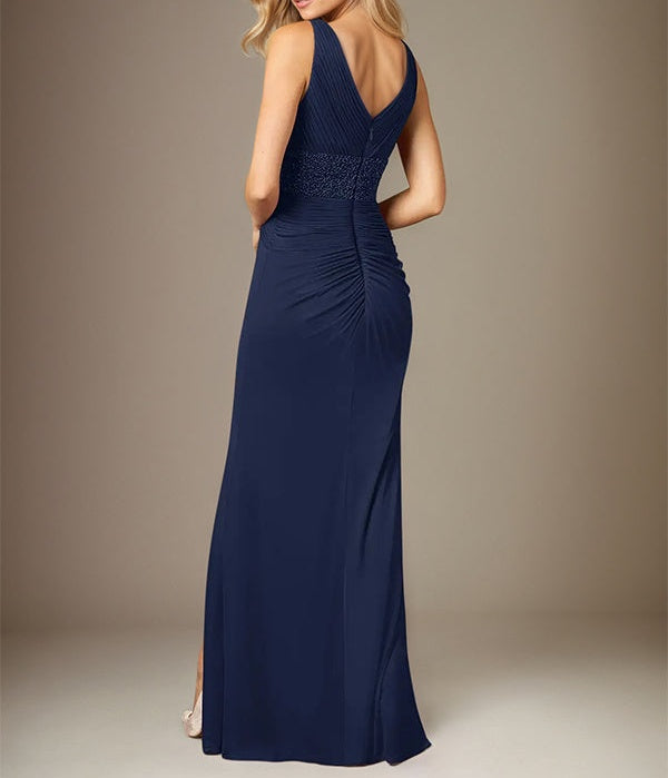 Dark Navy Chiffon V-Neck Sleeveless Floor Length Dress With High Slit