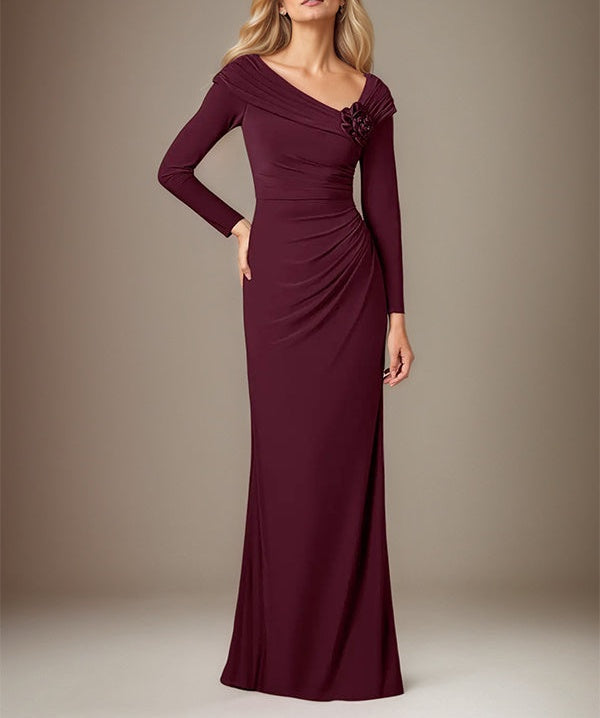 Cabernet Satin Asymmetrical Neck Long Sleeves Floor Length Dress With 3D Flower