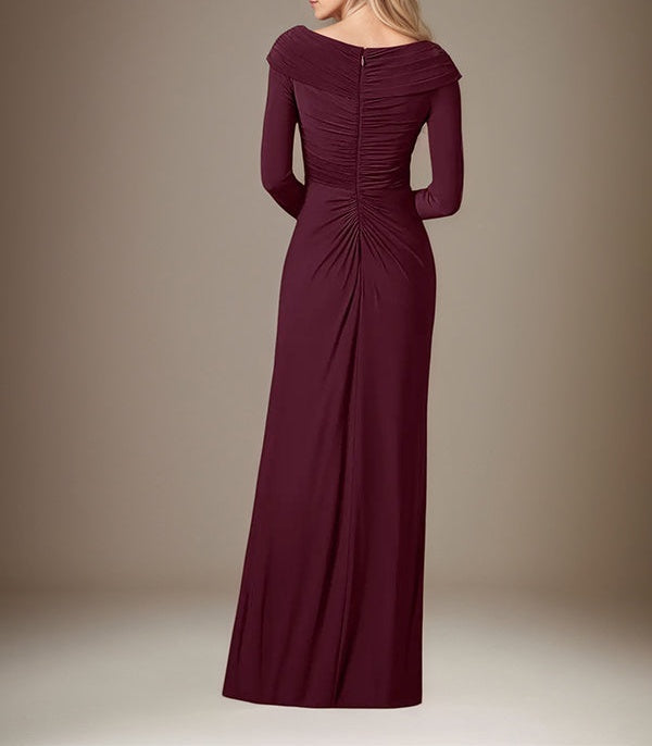 Cabernet Satin Asymmetrical Neck Long Sleeves Floor Length Dress With 3D Flower