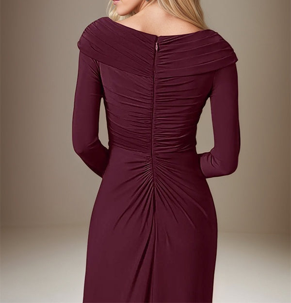 Cabernet Satin Asymmetrical Neck Long Sleeves Floor Length Dress With 3D Flower