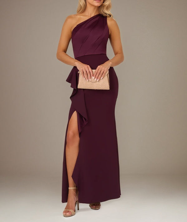 Orchid Satin One Shoulder Sleeveless Floor Length Dress With High Slit