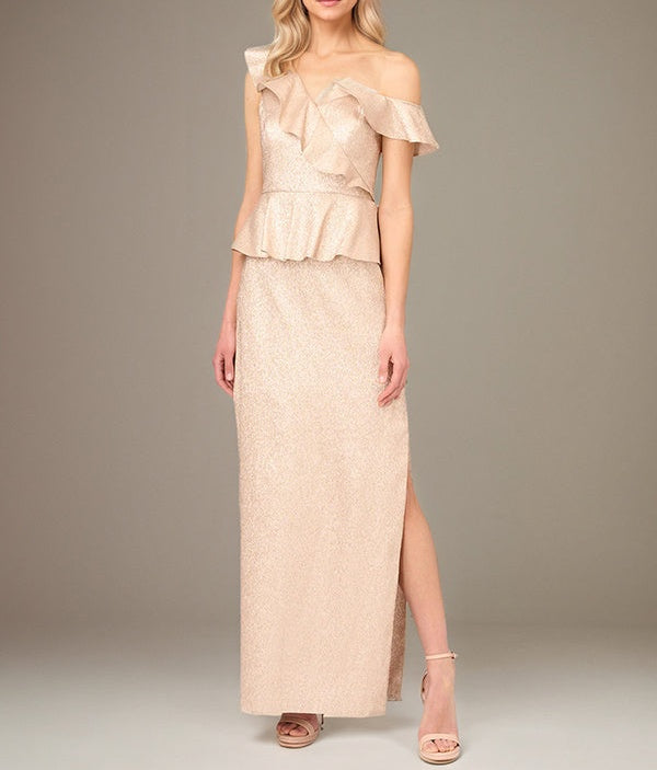 Champagne Sheath/Column Satin One Shoulder Sleeveless Ankle Length Dress With Slit