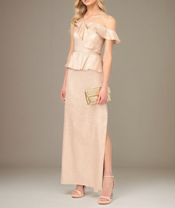 Champagne Sheath/Column Satin One Shoulder Sleeveless Ankle Length Dress With Slit