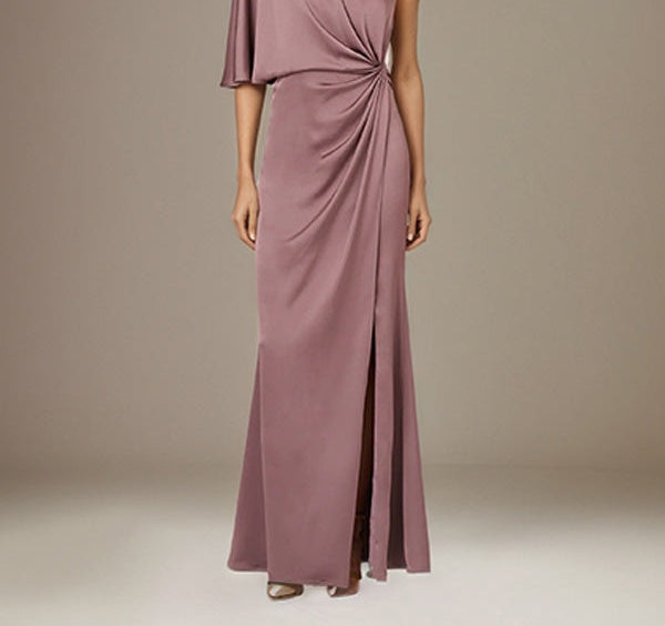 Mauve Satin One Shoulder 1/2 Sleeves Floor Length Pleated Dress With High Slit