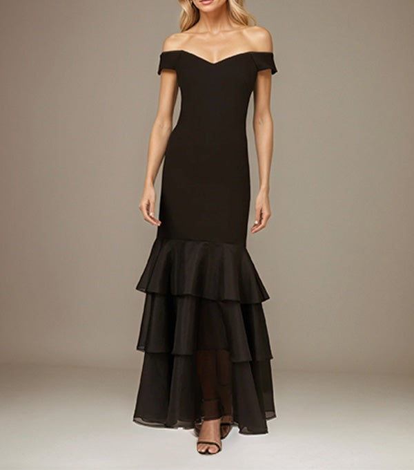 Black Stretch Crepe Off the Shoulder Sleeveless Floor Length Dress With Ruffles