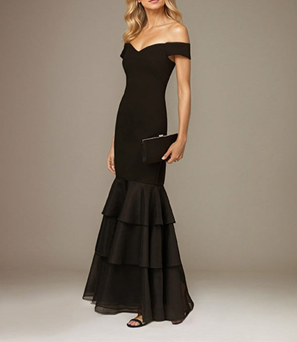 Black Stretch Crepe Off the Shoulder Sleeveless Floor Length Dress With Ruffles