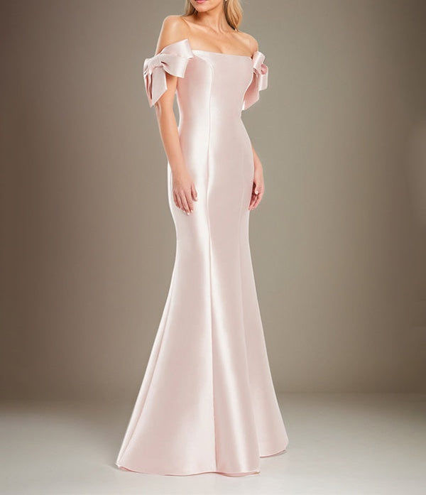 Trumpet/Mermaid Off The Shoulder Floor Length Satin Mother Of The Bride Dress With Bow Sleeves