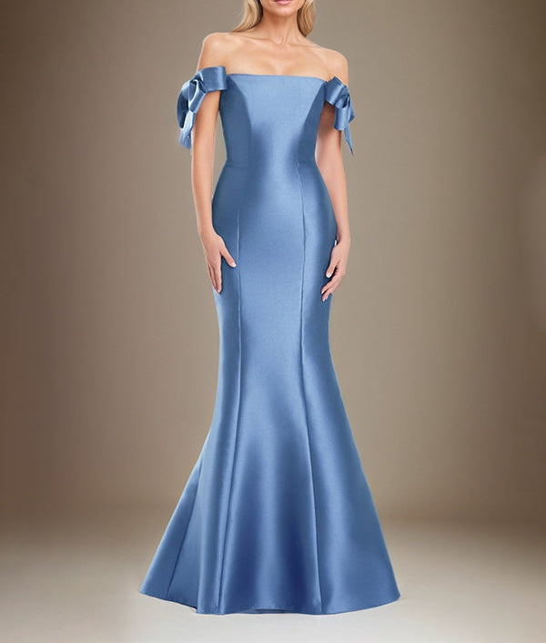 Trumpet/Mermaid Off The Shoulder Floor Length Satin Mother Of The Bride Dress With Bow Sleeves