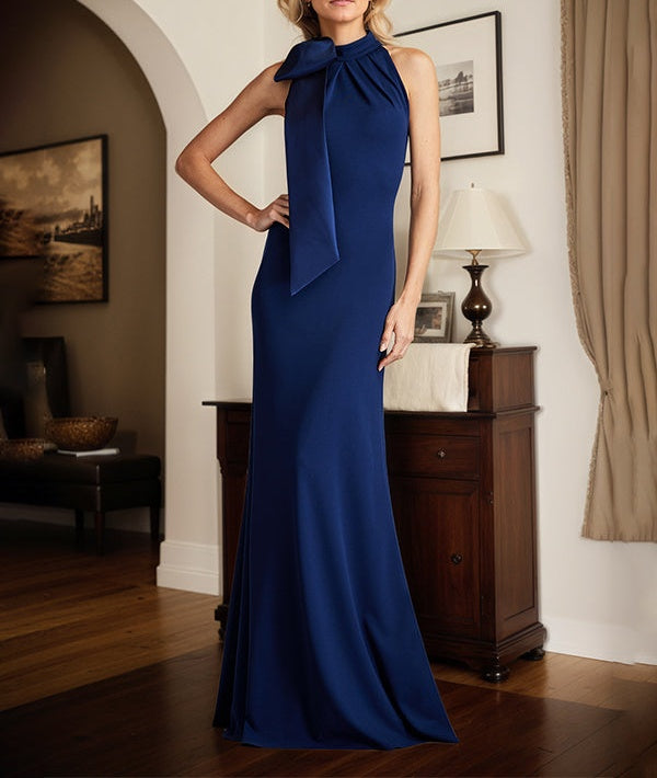 Royal Blue Sheath/Column Halter Neck Floor Length Mother of the Bride Dress With Bow
