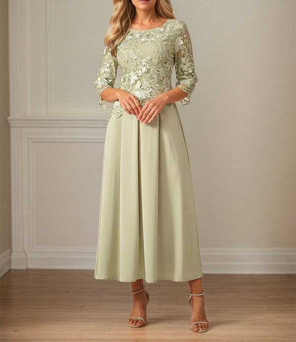 Crew Neck  A Line Ruffle Ruched Lace Maxi Dress Mother Of The Bride Dress