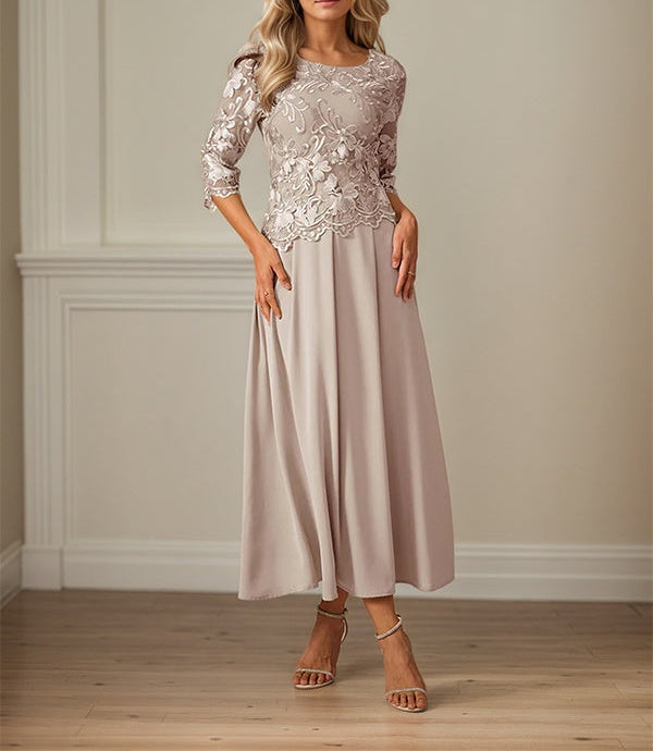 Crew Neck  A Line Ruffle Ruched Lace Maxi Dress Mother Of The Bride Dress