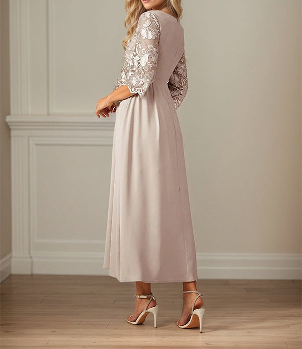 Crew Neck  A Line Ruffle Ruched Lace Maxi Dress Mother Of The Bride Dress
