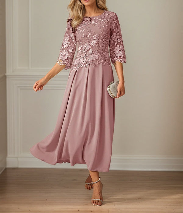 Crew Neck  A Line Ruffle Ruched Lace Maxi Dress Mother Of The Bride Dress